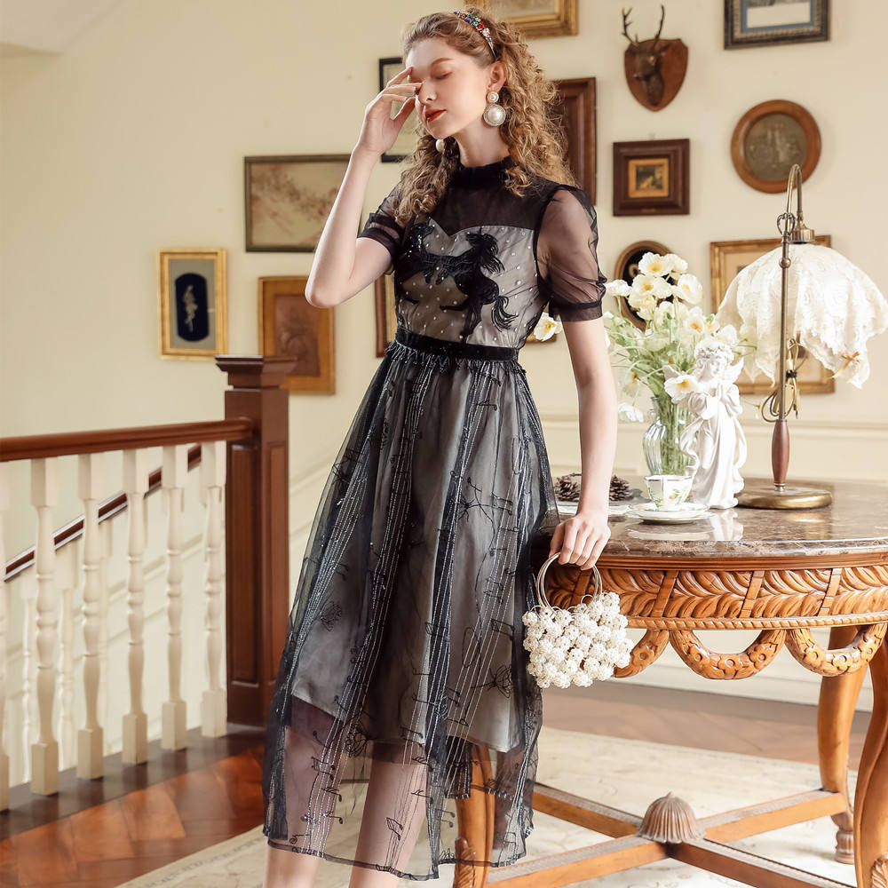 Black Sheer Mesh Midi Dress with Embroidery