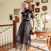 Black Sheer Mesh Midi Dress with Embroidery