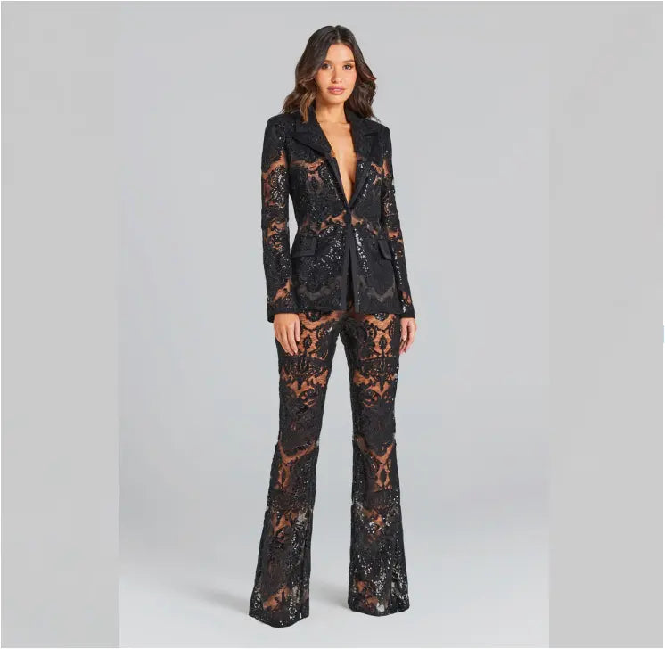 Black Sheer Floral Lace Pantsuit