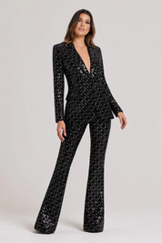 Black Sequin Tailored Blazer & Flared Pant Set