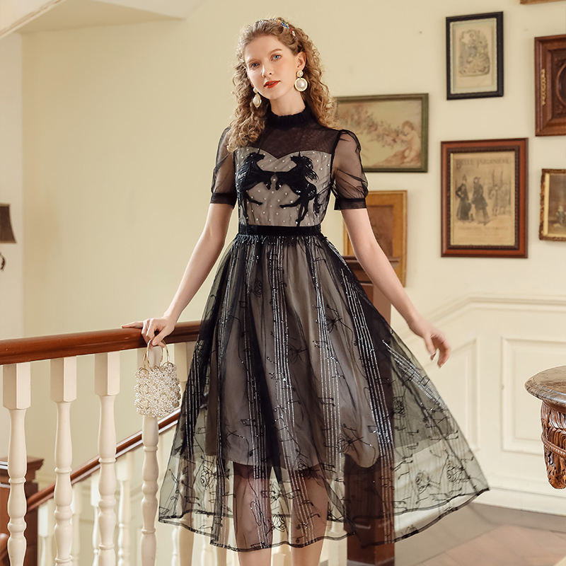 Black Sheer Mesh Midi Dress with Embroidery