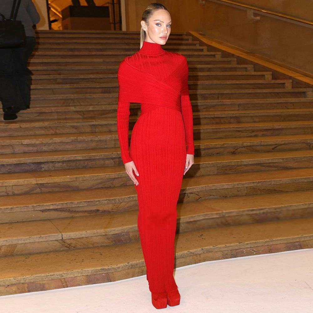 Crimson Contour High-Neck Gown