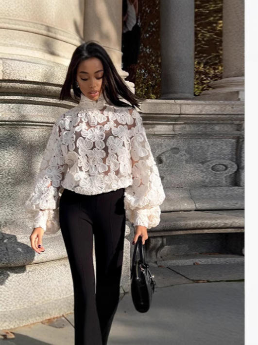 Ivory Bloom Sheer Lace Blouse