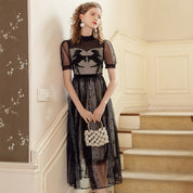 Black Sheer Mesh Midi Dress with Embroidery