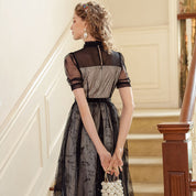 Black Sheer Mesh Midi Dress with Embroidery