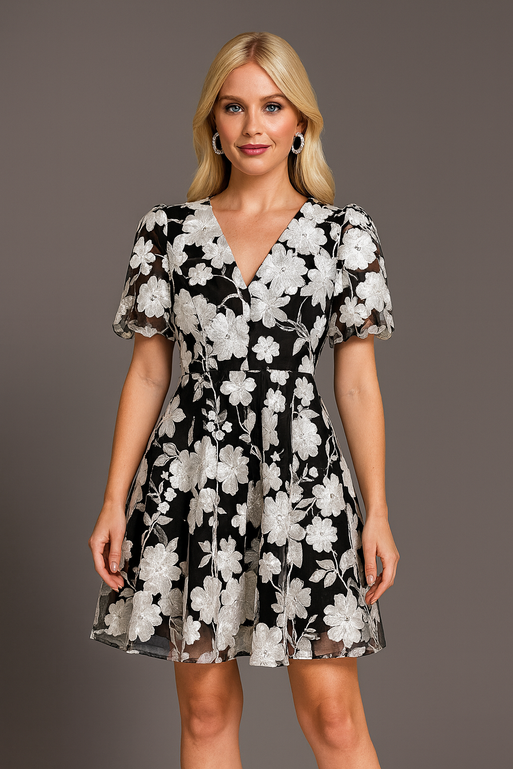Monochrome Elegance Puff Sleeve Dress