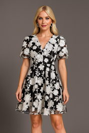 Monochrome Elegance Puff Sleeve Dress