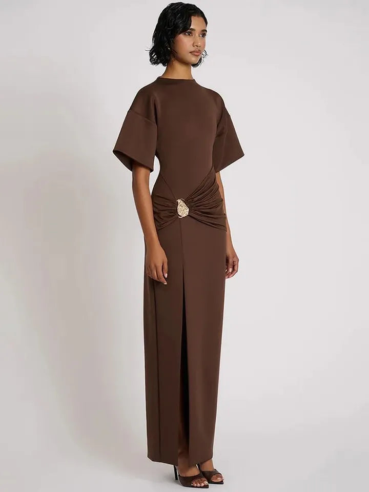 Mocha Twist-Detail Slit Gown