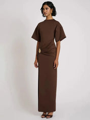 Mocha Twist-Detail Slit Gown