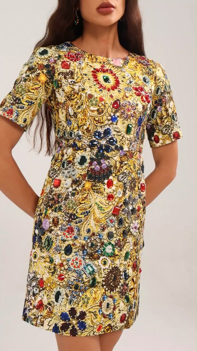 Golden Tapestry Floral Dress