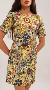 Golden Tapestry Floral Dress