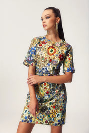 Golden Tapestry Floral Dress