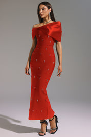 Scarlet Aurelia Embellished Off-Shoulder Gown