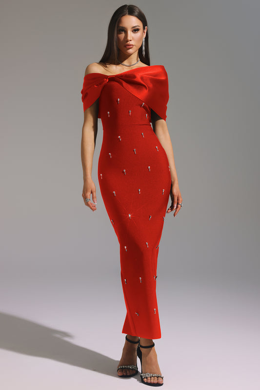 Scarlet Aurelia Embellished Off-Shoulder Gown