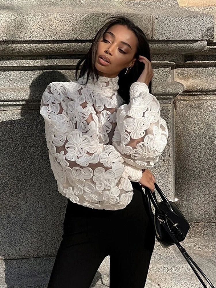 Ivory Bloom Sheer Lace Blouse