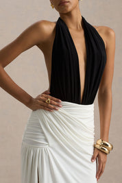 Black & White Plunge Halter Draped Gown