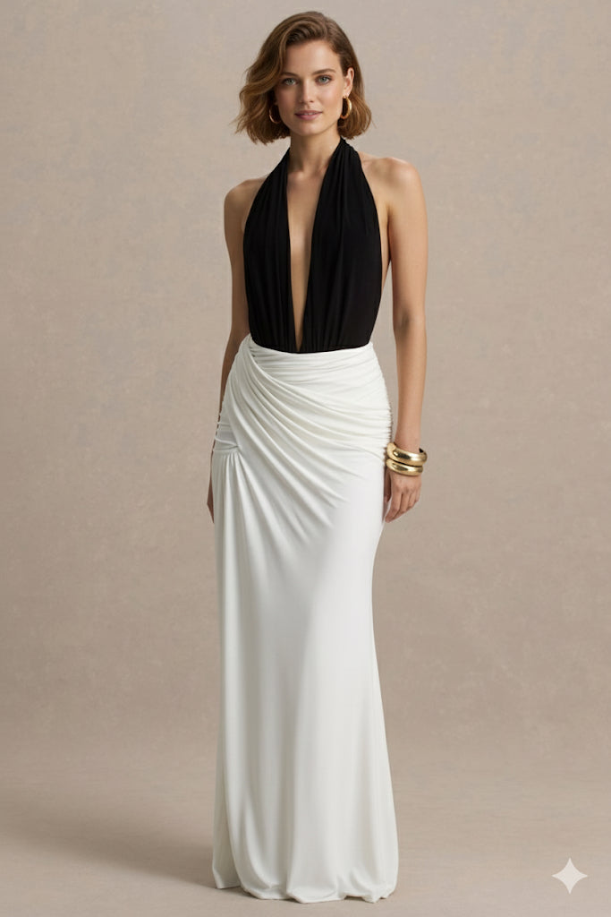 Black & White Plunge Halter Draped Gown