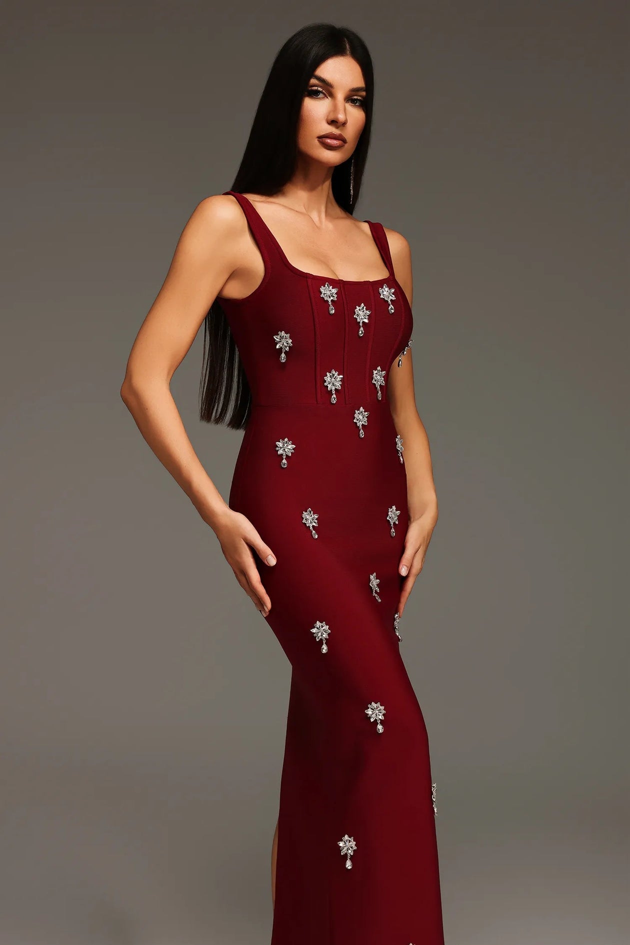 Burgundy Celestia Crystal-Embellished Column Gown