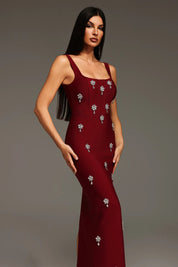 Burgundy Celestia Crystal-Embellished Column Gown