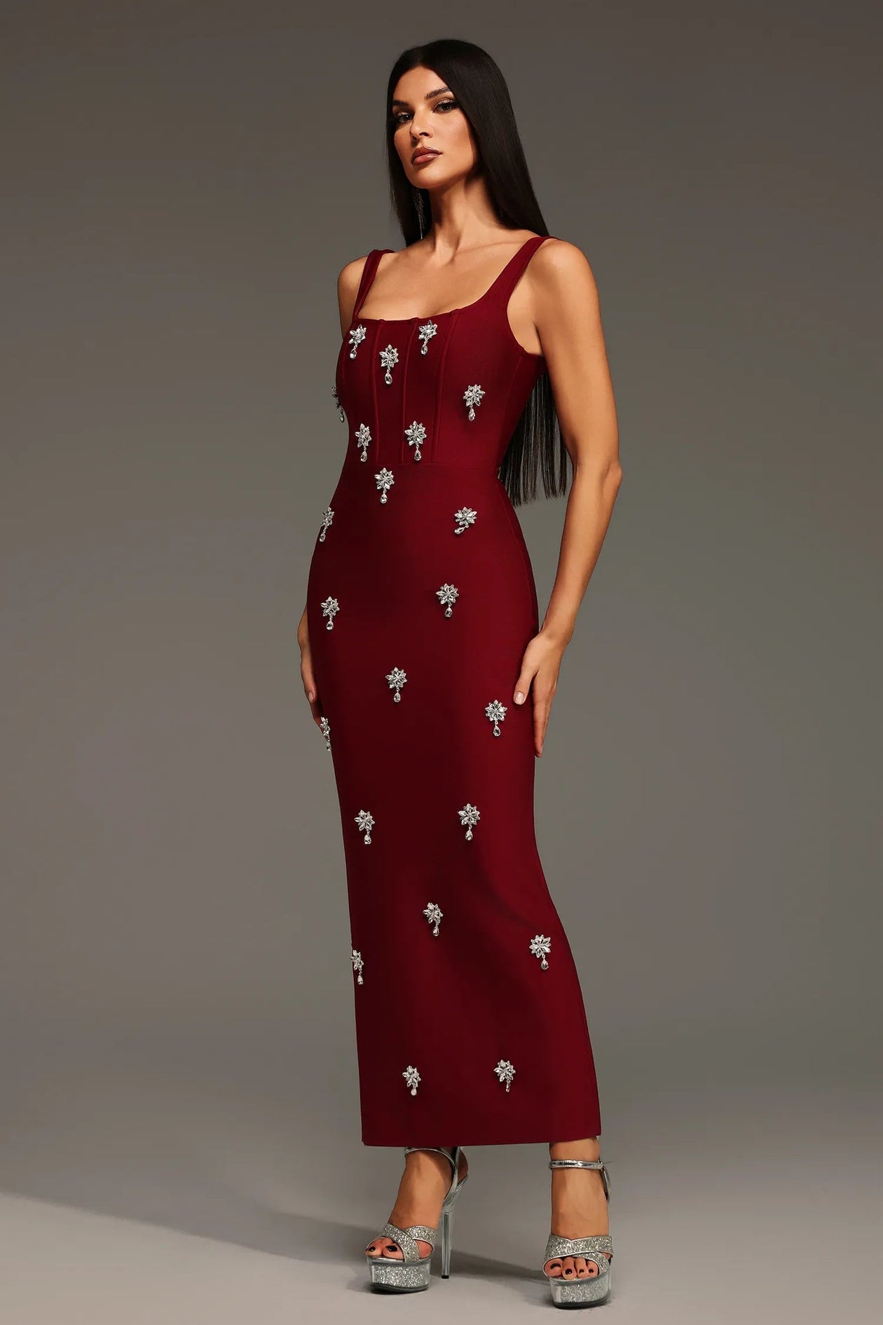 Burgundy Celestia Crystal-Embellished Column Gown