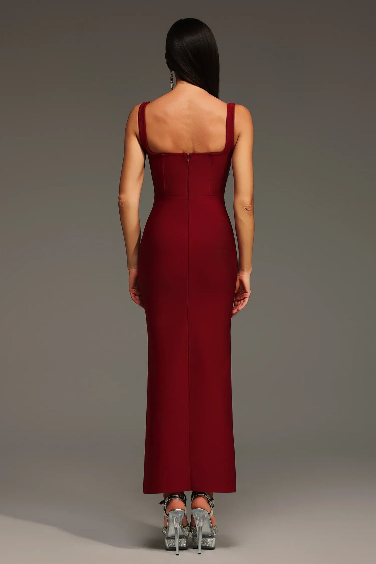Burgundy Celestia Crystal-Embellished Column Gown