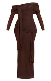 Merlot Serenade Draped Off-Shoulder Gown