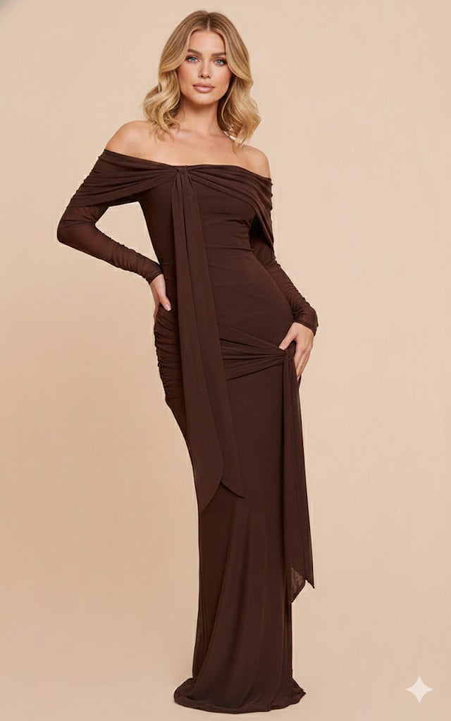 Merlot Serenade Draped Off-Shoulder Gown