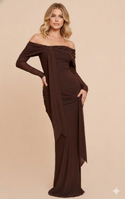 Merlot Serenade Draped Off-Shoulder Gown