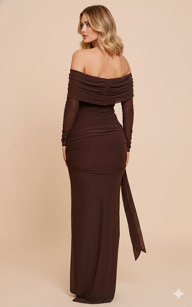 Merlot Serenade Draped Off-Shoulder Gown