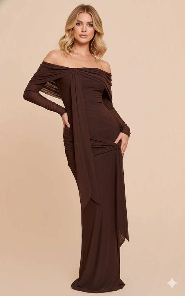 Merlot Serenade Draped Off-Shoulder Gown