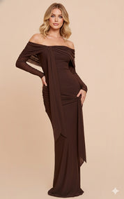Merlot Serenade Draped Off-Shoulder Gown