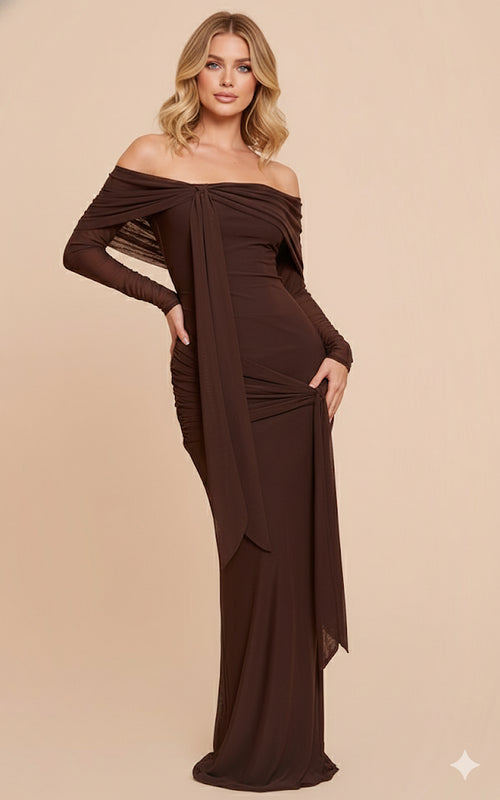 Merlot Serenade Draped Off-Shoulder Gown