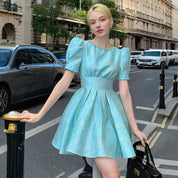 Aqua Blue Jacquard A-Line Party Dress