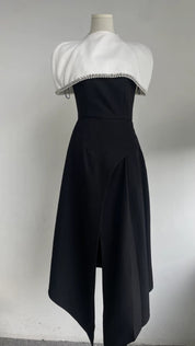 Two-Tone Embellished Capelet Midi Dress