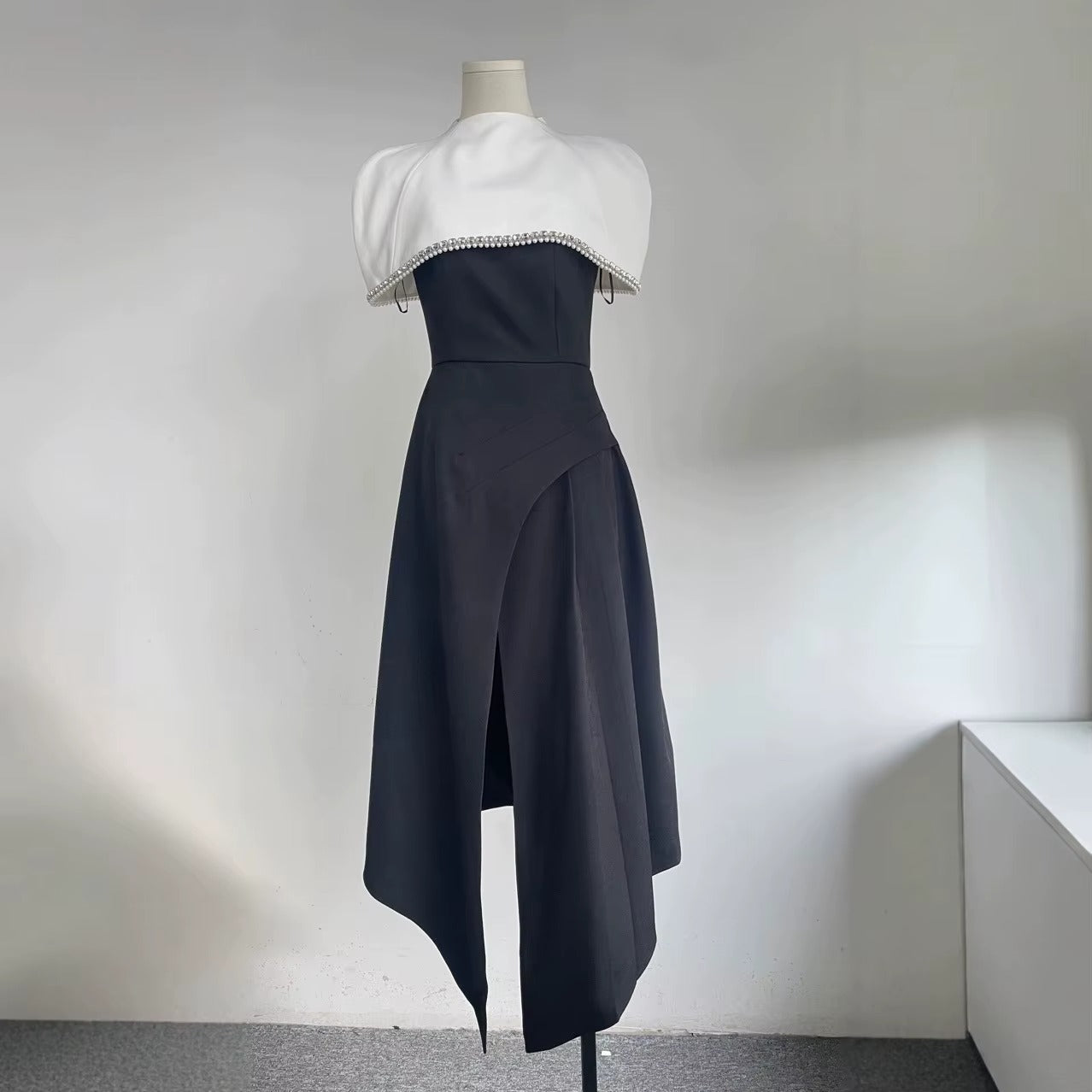 Two-Tone Embellished Capelet Midi Dress