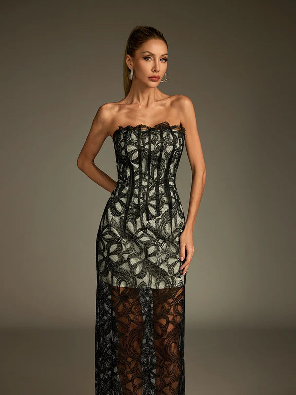 Lace Embroidered Strapless Long Dress