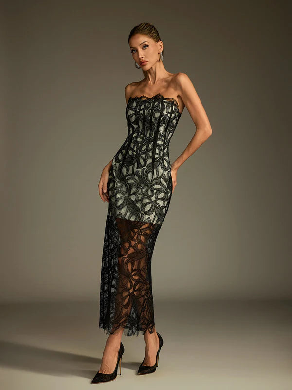 Lace Embroidered Strapless Long Dress