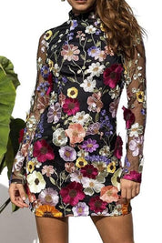 Midnight Garden Embroidered Mesh Dress