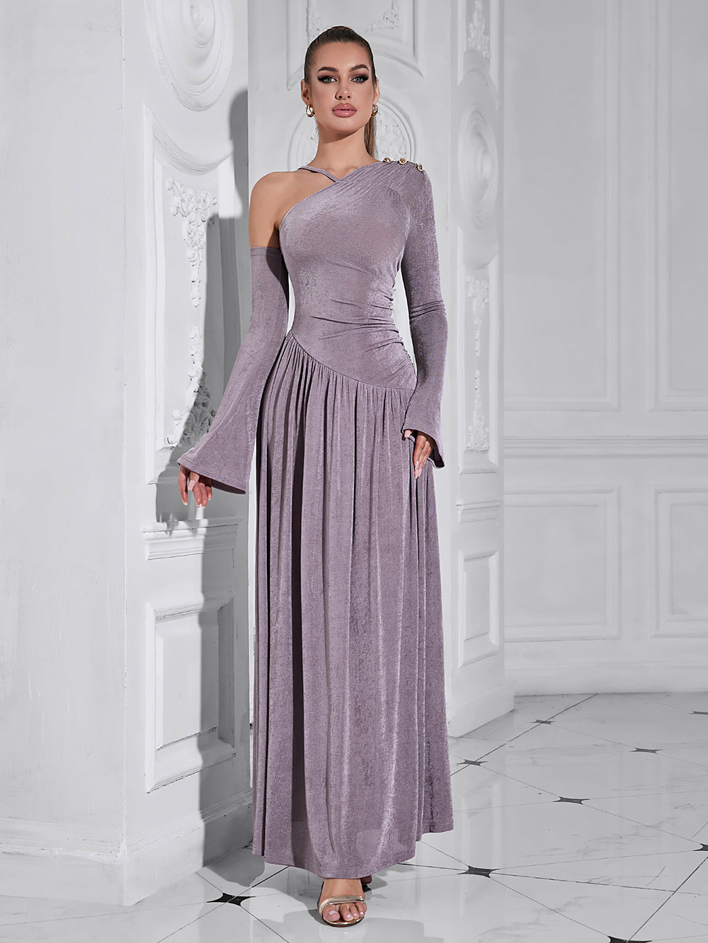One-Shoulder Long-Sleeved Long Dress