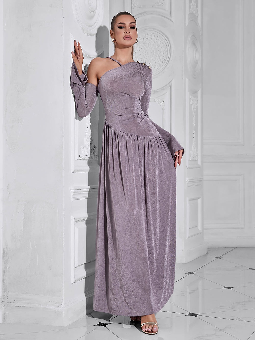 One-Shoulder Long-Sleeved Long Dress