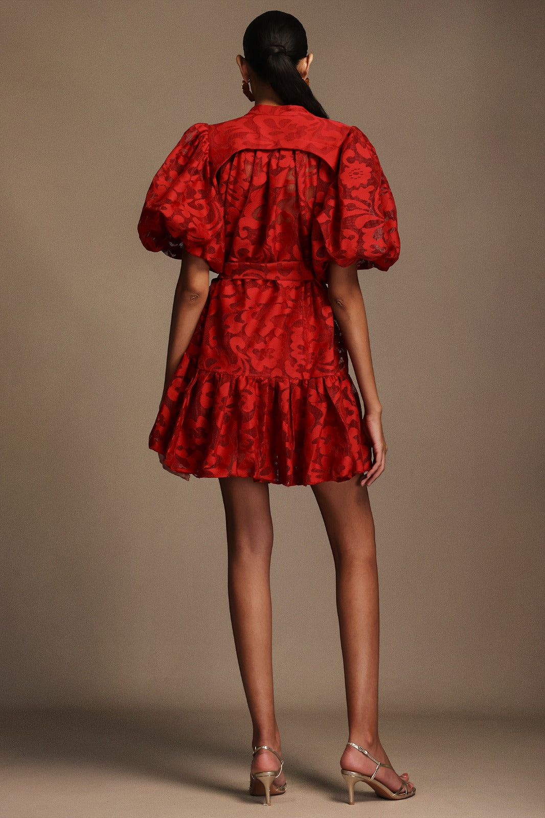 Crimson Bloom Belted Dress