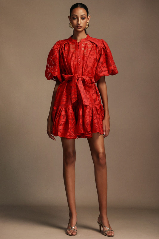 Crimson Bloom Belted Dress