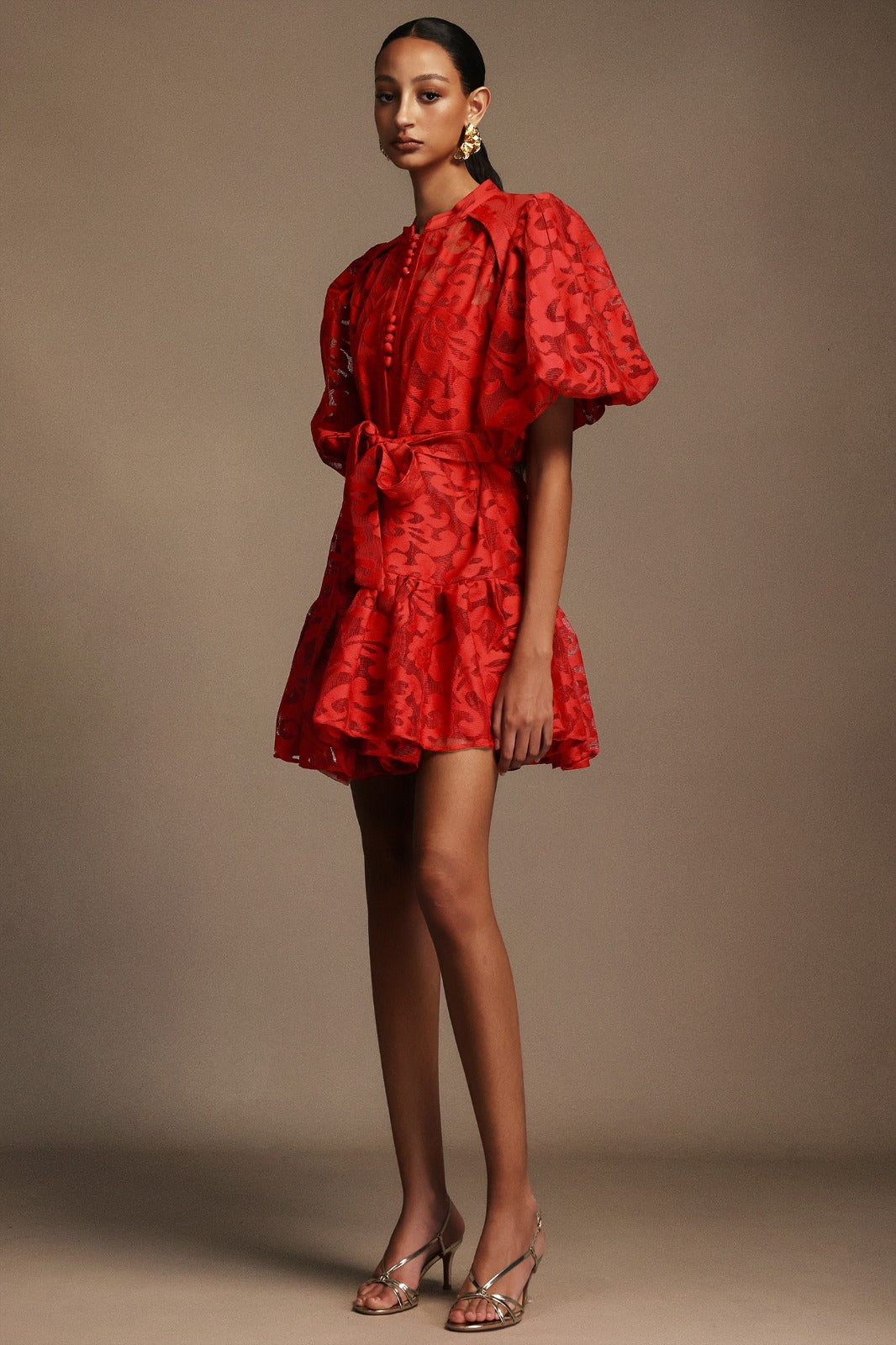 Crimson Bloom Belted Dress