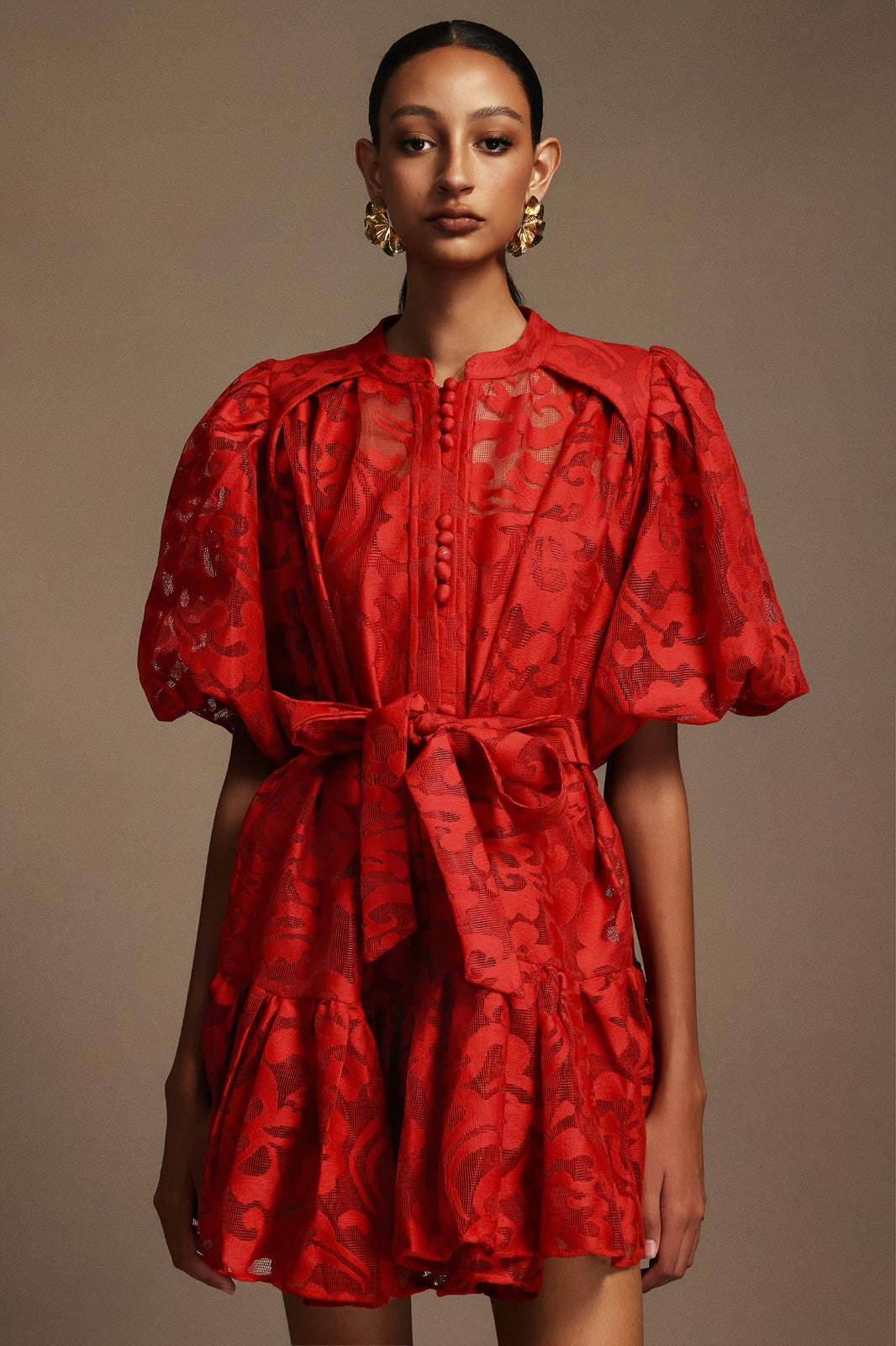 Crimson Bloom Belted Dress