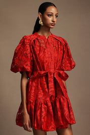 Crimson Bloom Belted Dress