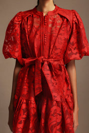 Crimson Bloom Belted Dress