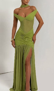 Olive Mirage Off-Shoulder Dress