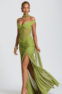 Olive Mirage Off-Shoulder Dress