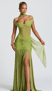 Olive Mirage Off-Shoulder Dress