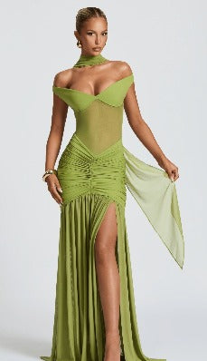 Olive Mirage Off-Shoulder Dress